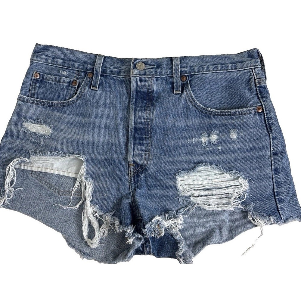 Levis 501 Women Cut Off Jean Shorts 32x2.5 Blue Denim Button Fly Classic Boho‎